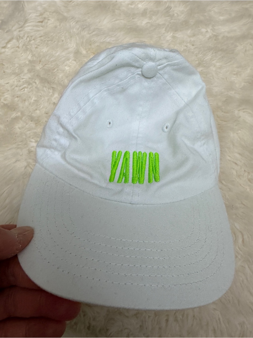 White Baseball Cap with Neon Green "YAWN" Embroidery